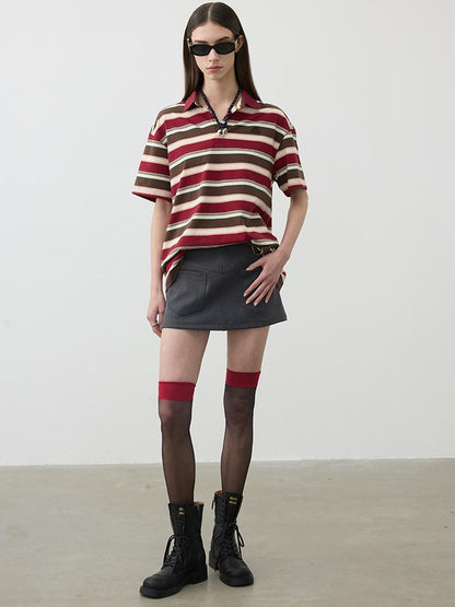 AFTADAWN Red Brown Striped Cotton Polo T-Shirt