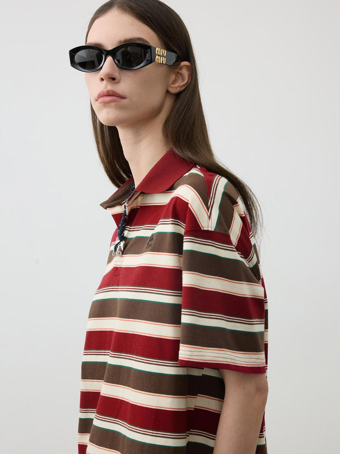 AFTADAWN Red Brown Striped Cotton Polo T-Shirt