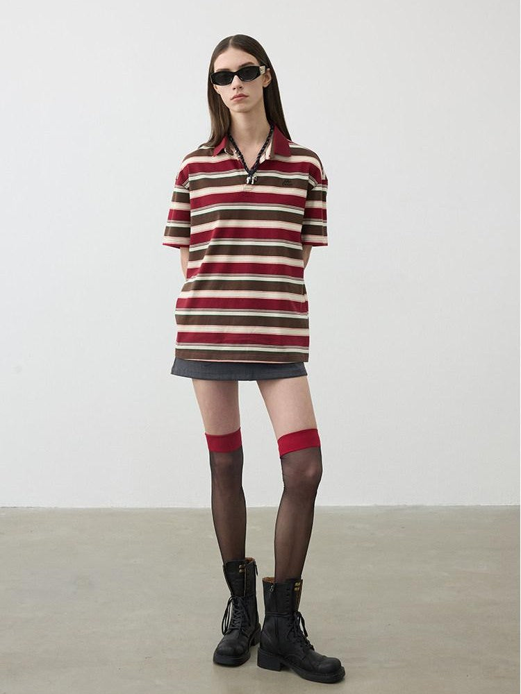 AFTADAWN Red Brown Striped Logo Polo Buttoned Women&