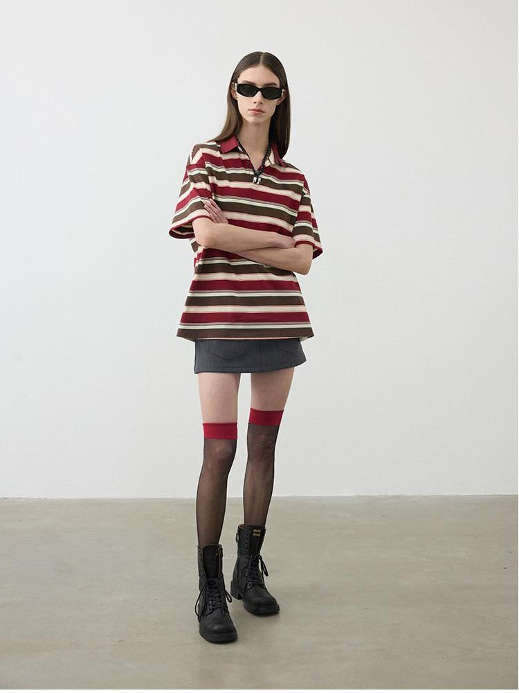 AFTADAWN Red Brown Striped Logo Polo Buttoned Women&