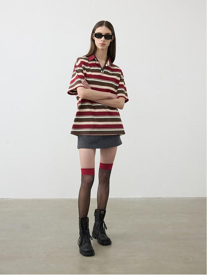 AFTADAWN Red Brown Striped Logo Polo Buttoned Women&