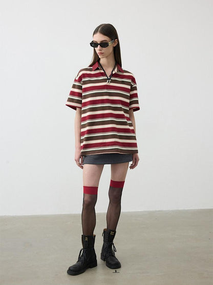 AFTADAWN Red Brown Striped Logo Polo Buttoned Women&