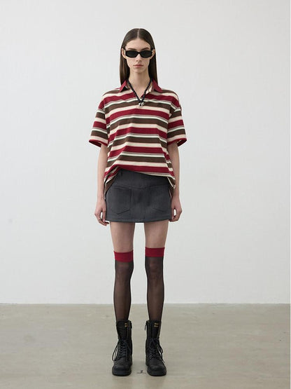 AFTADAWN Red Brown Striped Logo Polo Buttoned Women&