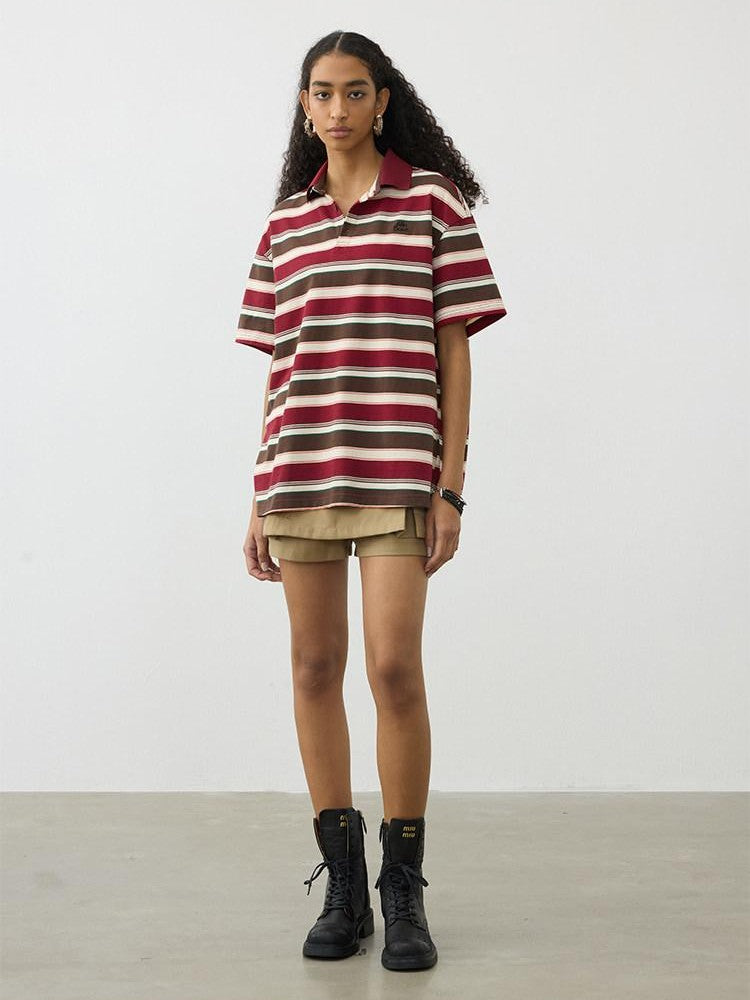 AFTADAWN Red Brown Striped Logo Polo Buttoned Women&