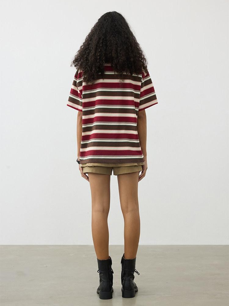 AFTADAWN Red Brown Striped Logo Polo Buttoned Women&