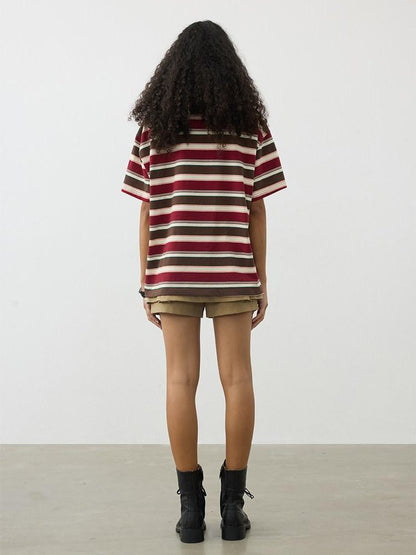 AFTADAWN Red Brown Striped Logo Polo Buttoned Women&