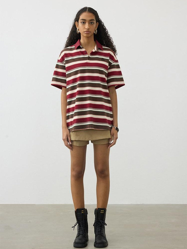 AFTADAWN Red Brown Striped Logo Polo Buttoned Women&