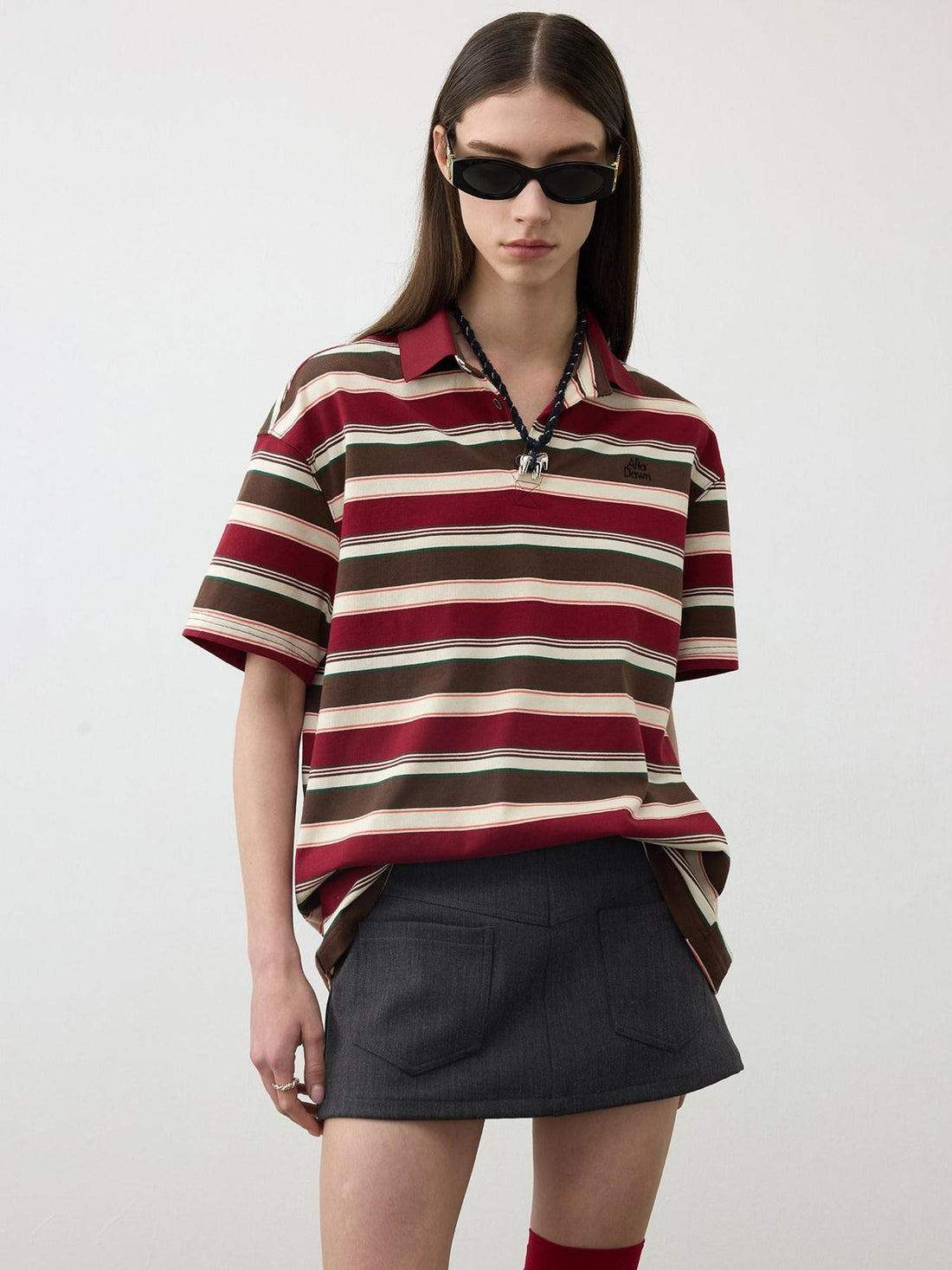 AFTADAWN Red Brown Striped Logo Polo Buttoned Women&