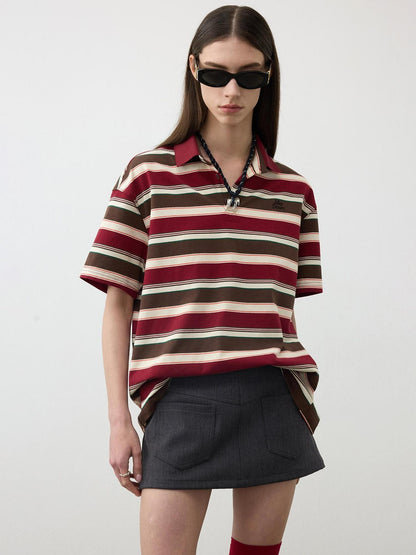 AFTADAWN Red Brown Striped Logo Polo Buttoned Women&