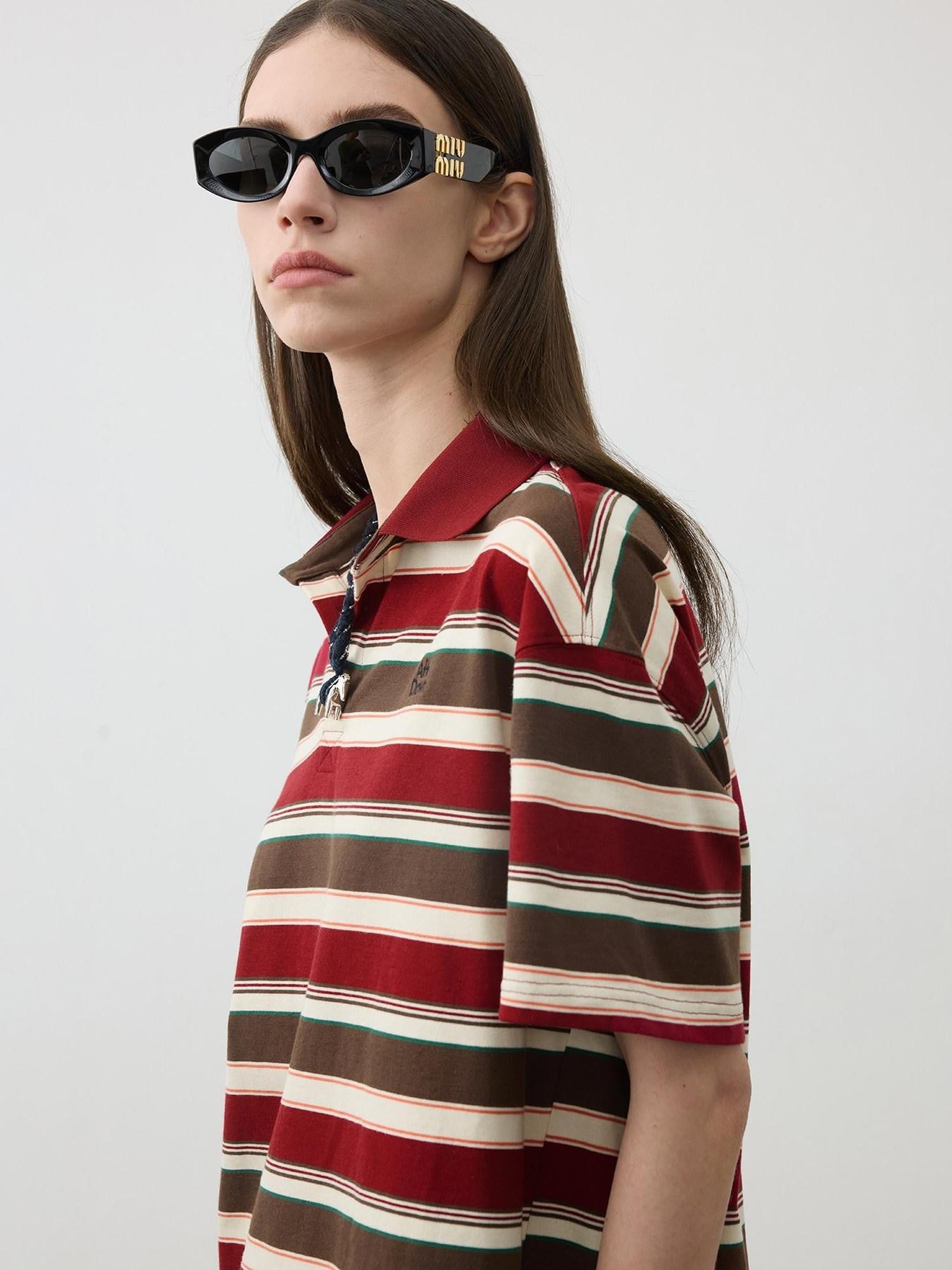 AFTADAWN Red Brown Striped Logo Polo Buttoned Women&