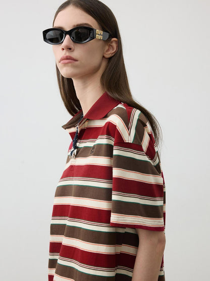 AFTADAWN Red Brown Striped Logo Polo Buttoned Women&