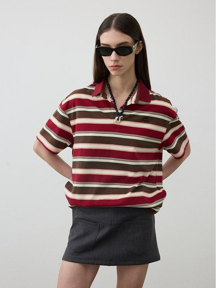 AFTADAWN Red Brown Striped Logo Polo Buttoned Women&