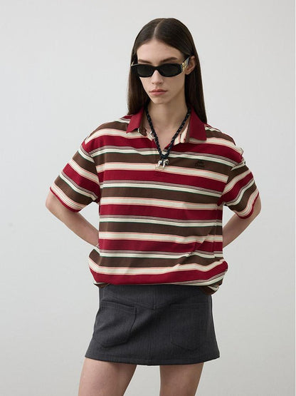 AFTADAWN Red Brown Striped Logo Polo Buttoned Women&