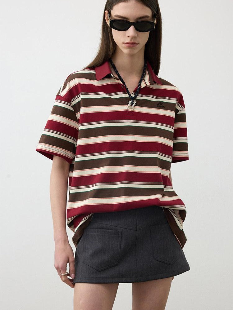 AFTADAWN Red Brown Striped Logo Polo Buttoned Women&
