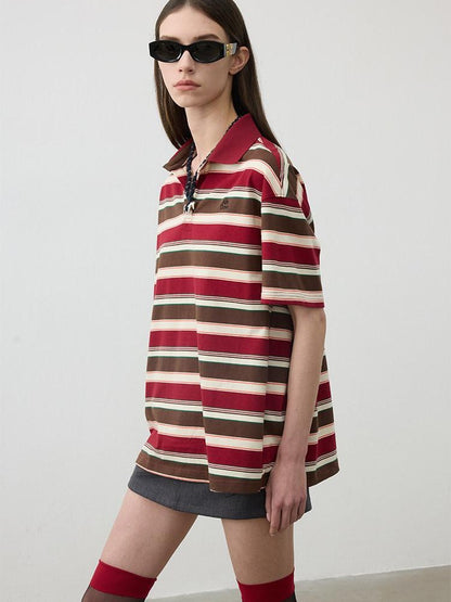 AFTADAWN Red Brown Striped Logo Polo Buttoned Women&
