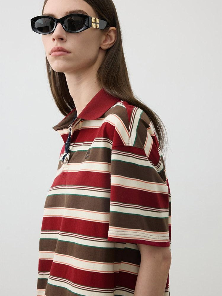 AFTADAWN Red Brown Striped Logo Polo Buttoned Women&