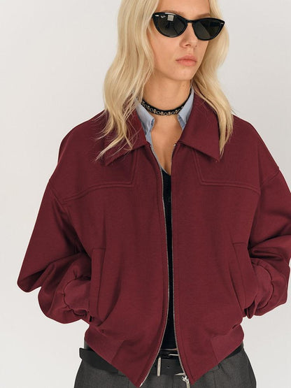 AFTADAWN Red Lapel Zip Pocket Loose Fit Women&