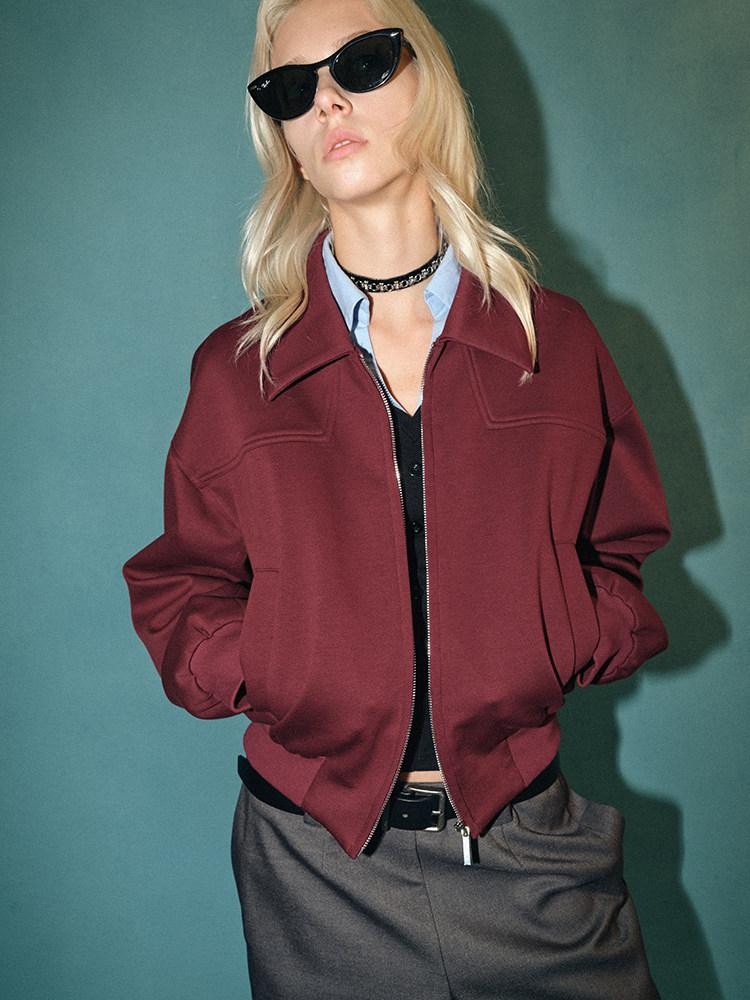 AFTADAWN Red Lapel Zip Pocket Loose Fit Women&