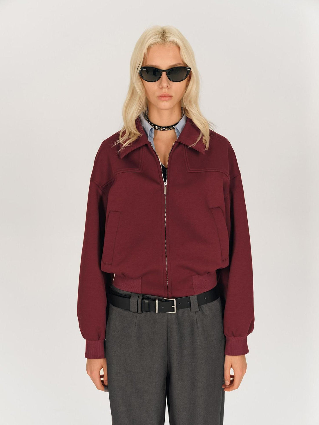 AFTADAWN Red Lapel Zip Pocket Loose Fit Women&