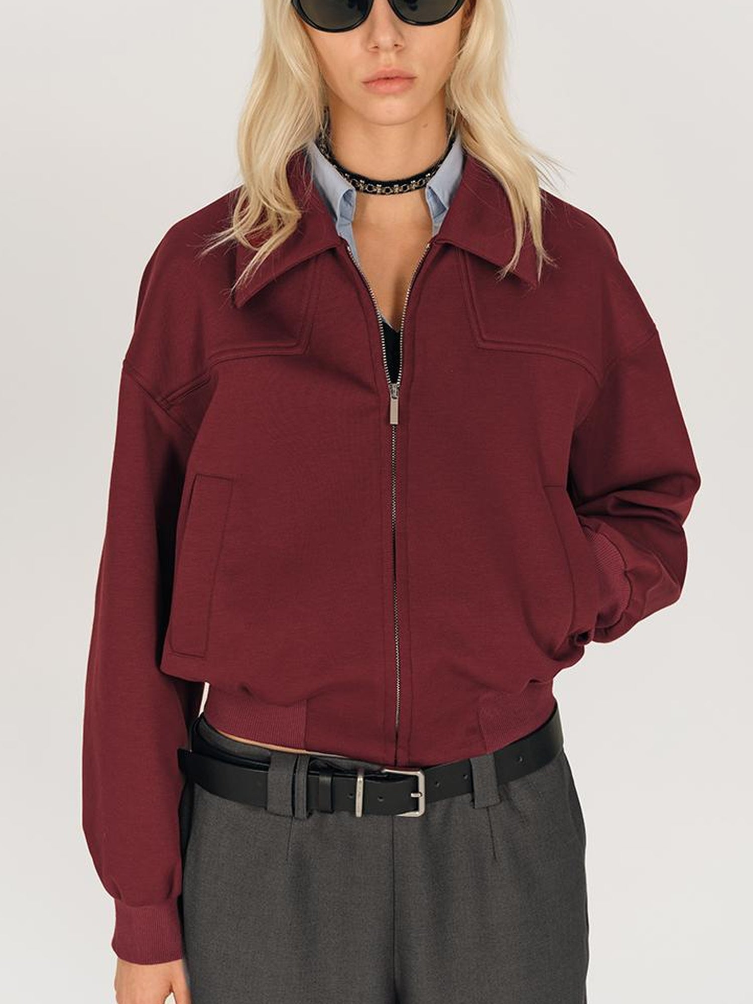 AFTADAWN Red Notch Collar Lyocell Zip Pocket Oversized Jacket
