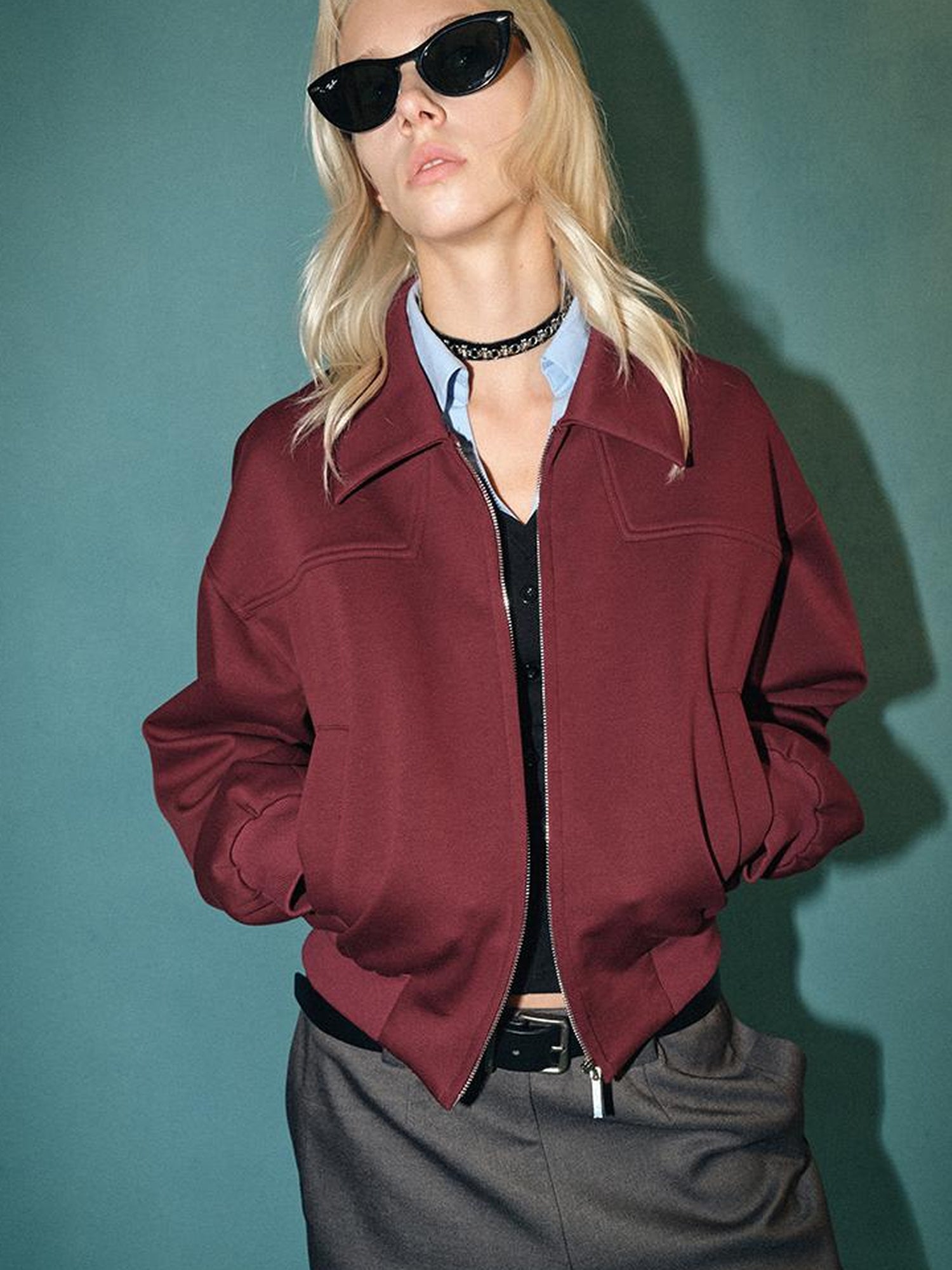 AFTADAWN Red Notch Collar Lyocell Zip Pocket Oversized Jacket
