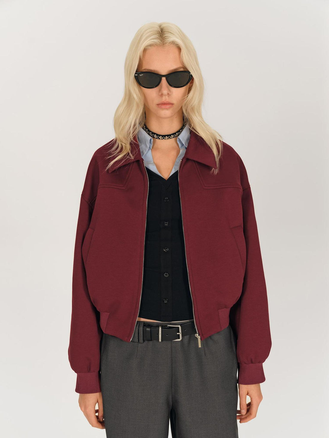 AFTADAWN Red Notch Collar Lyocell Zip Pocket Oversized Jacket