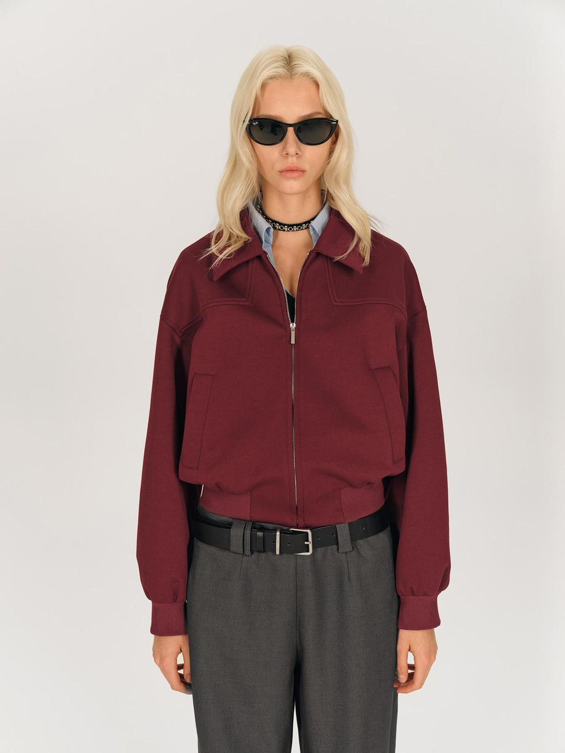 AFTADAWN Red Notch Collar Lyocell Zip Pocket Oversized Jacket