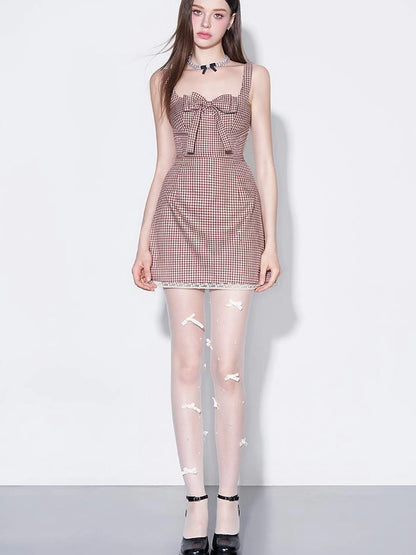 Red Plaid Bow Trim Lace Hem Shift Dress