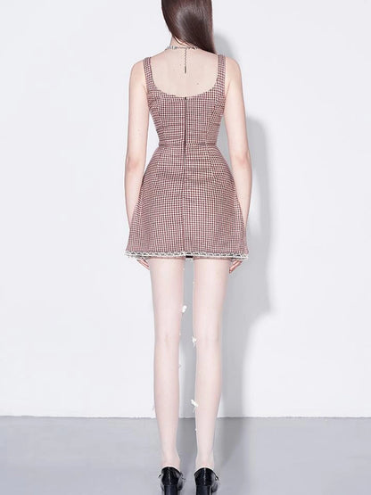 Red Plaid Bow Trim Lace Hem Shift Dress