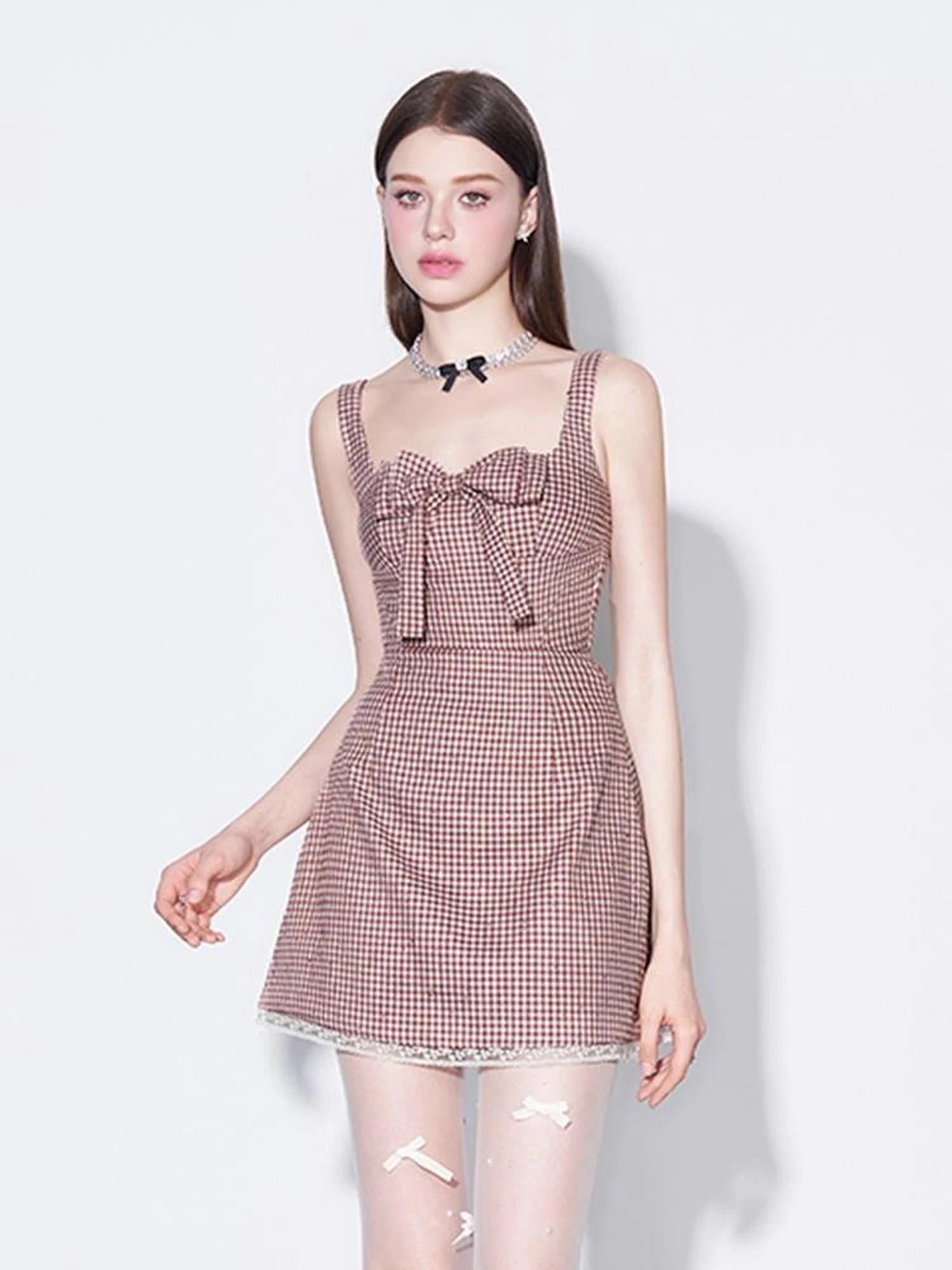 Red Plaid Bow Trim Lace Hem Shift Dress