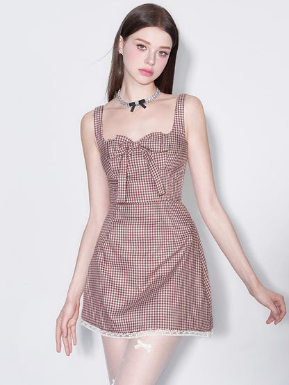 AFTADAWN Red Plaid Bow Trim Lace Hem Shift Dress