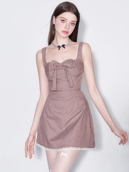 Red Plaid Bow Trim Lace Hem Shift Dress
