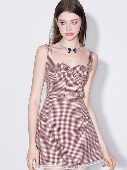 AFTADAWN Red Plaid Bow Trim Lace Hem Shift Dress
