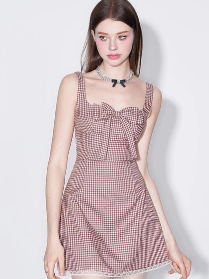 Red Plaid Bow Trim Lace Hem Shift Dress