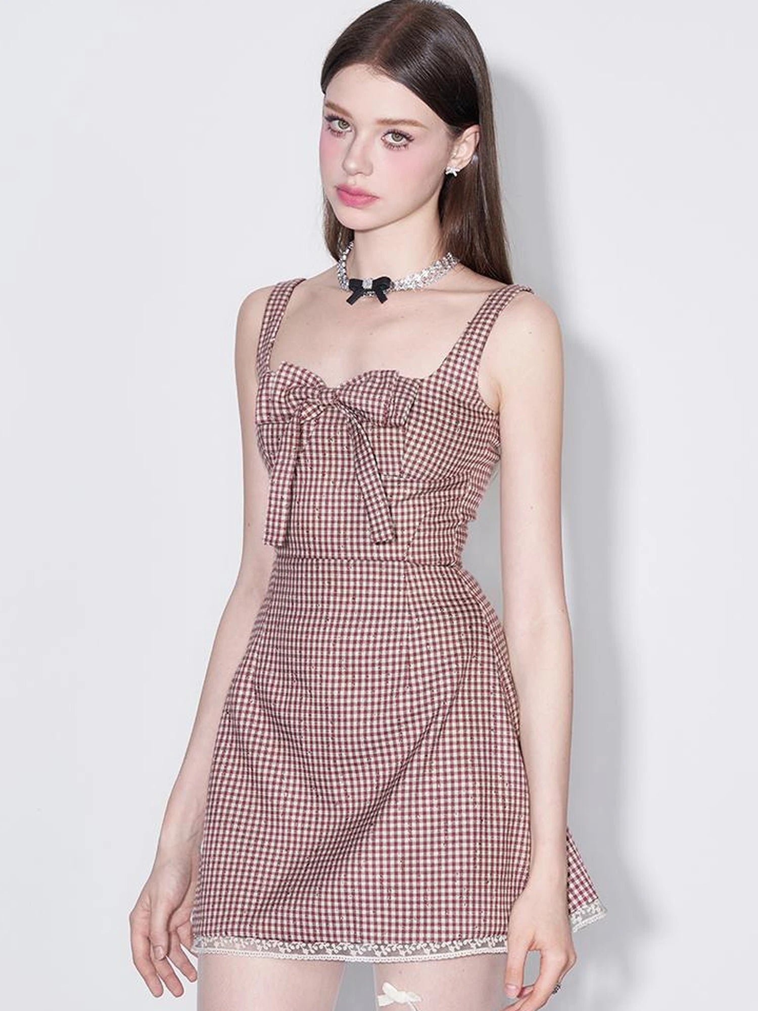 Red Plaid Bow Trim Lace Hem Shift Dress