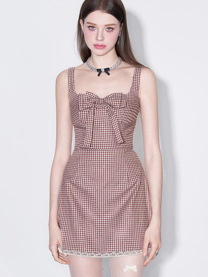 AFTADAWN Red Plaid Bow Trim Lace Hem Shift Dress
