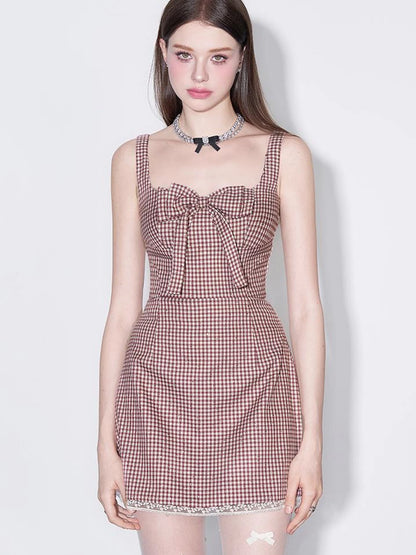 Red Plaid Bow Trim Lace Hem Shift Dress