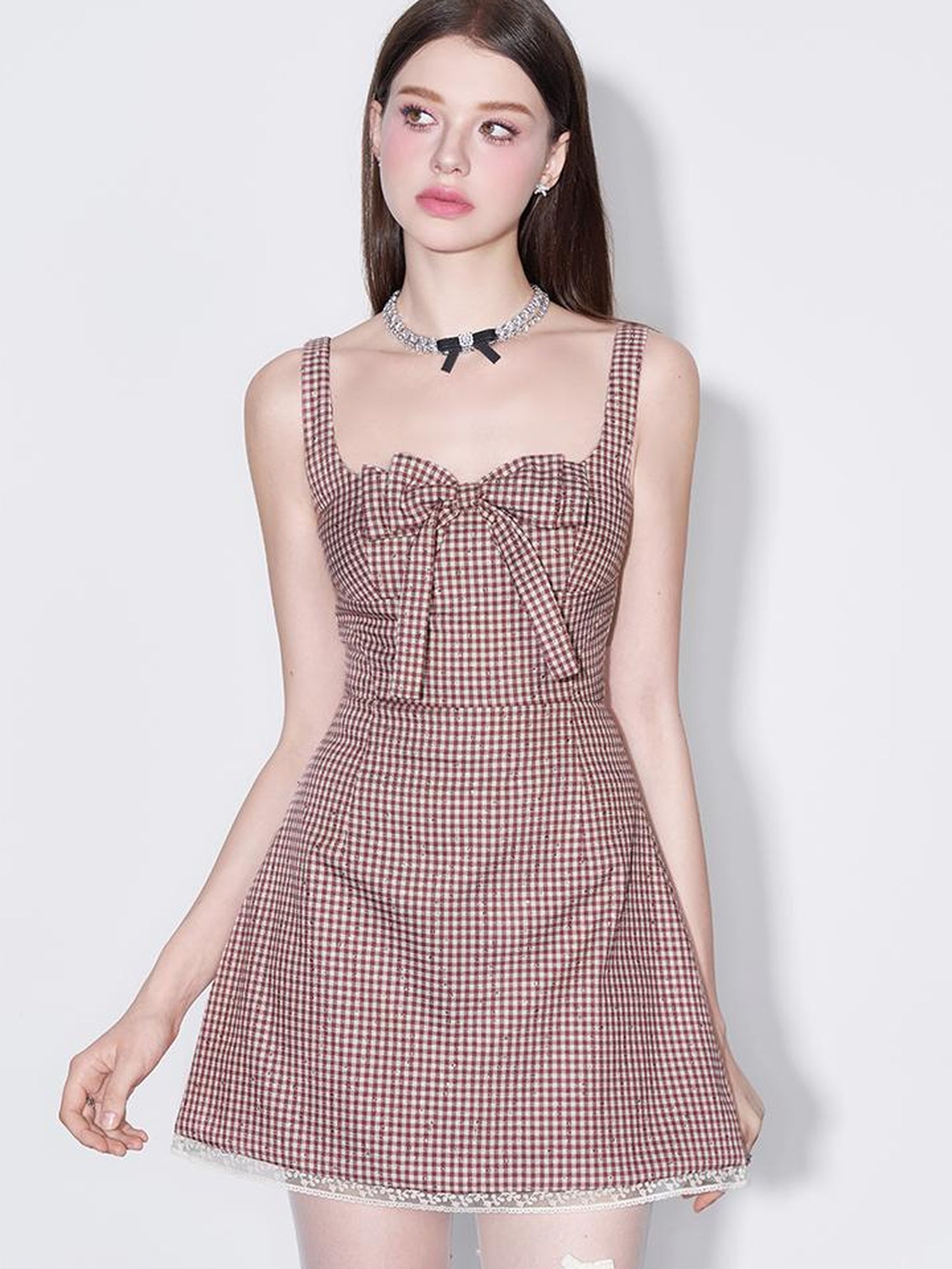 AFTADAWN Red Plaid Bow Trim Lace Hem Shift Dress