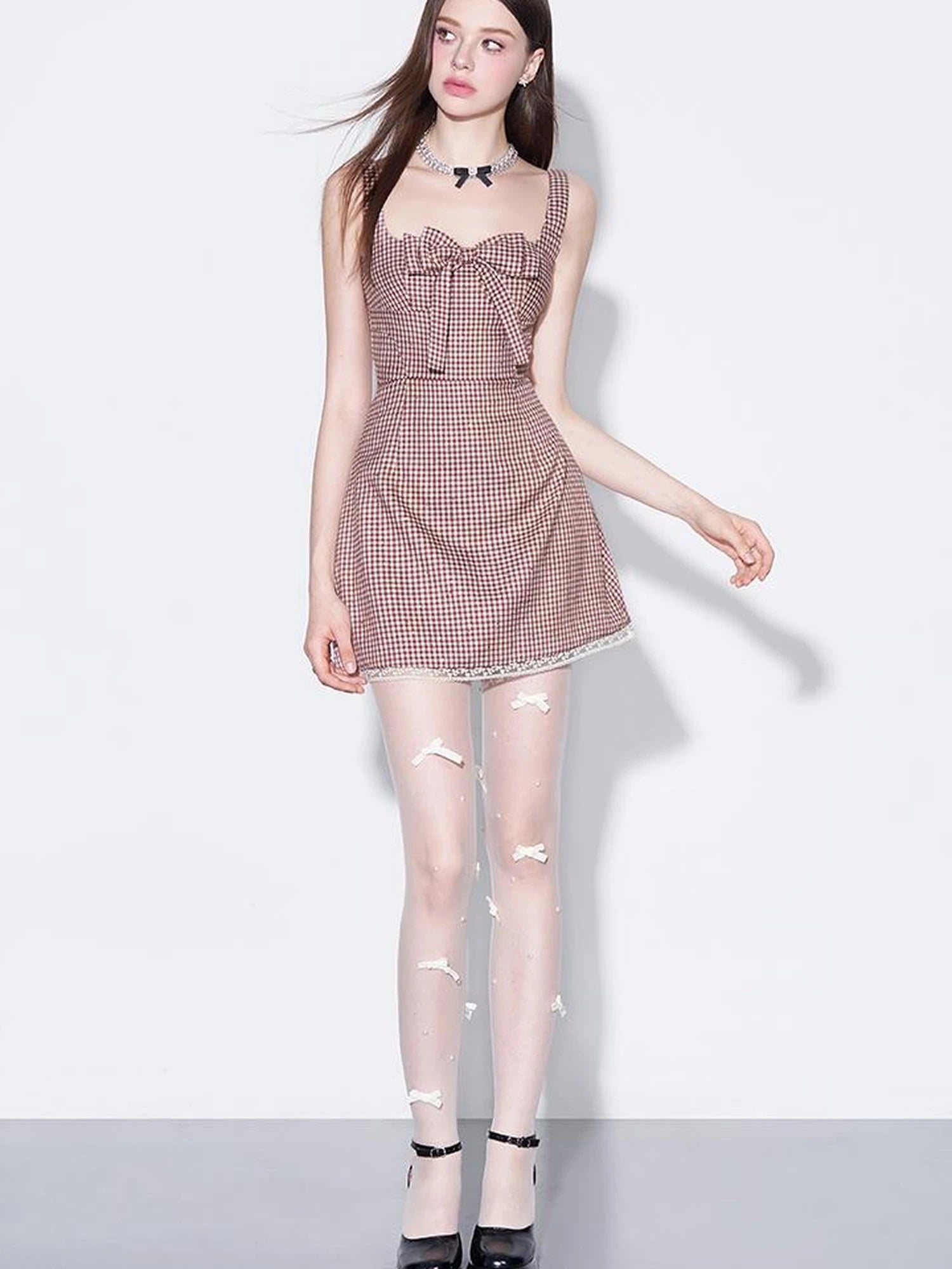 Red Plaid Bow Trim Lace Hem Shift Dress