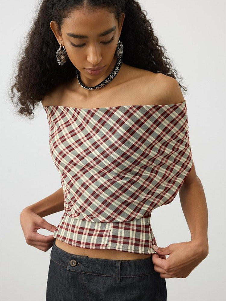 AFTADAWN Red Plaid Ruched Convertible Halter Off Shoulder Women&
