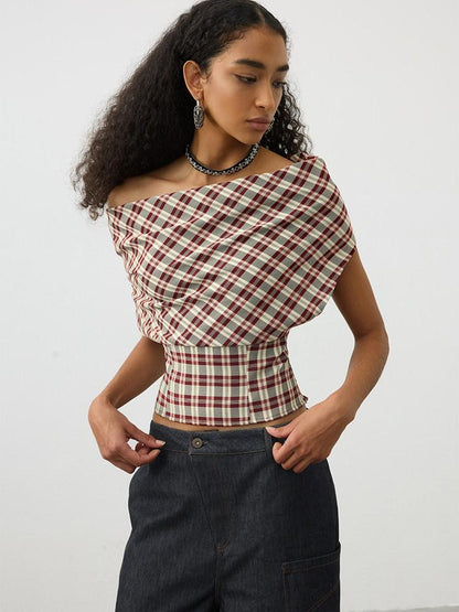 AFTADAWN Red Plaid Ruched Convertible Halter Off Shoulder Women&