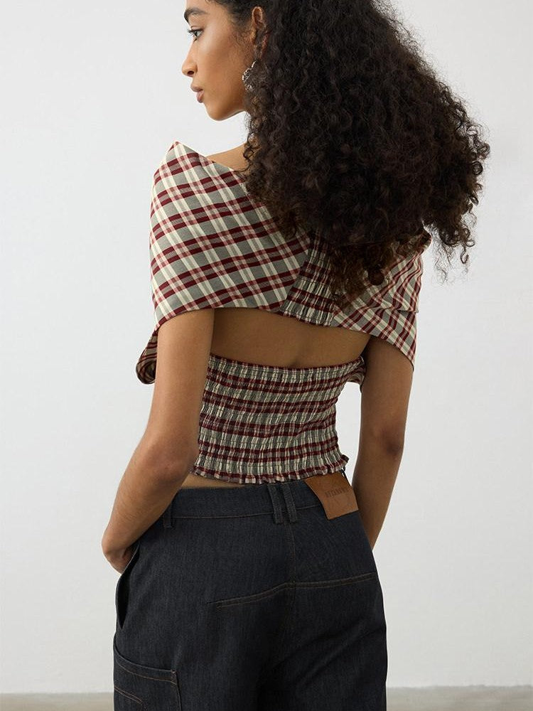 AFTADAWN Red Plaid Ruched Convertible Halter Off Shoulder Women&