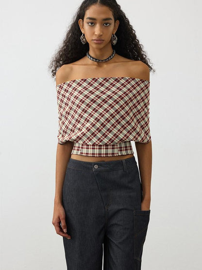 AFTADAWN Red Plaid Ruched Convertible Halter Off Shoulder Women&