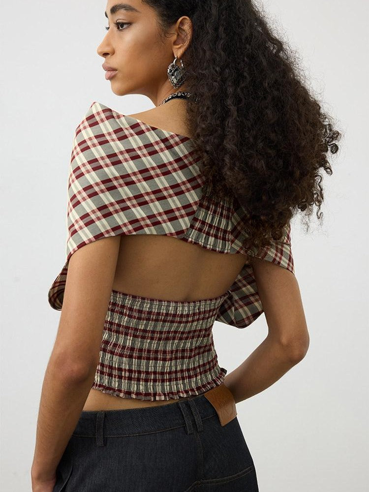 AFTADAWN Red Plaid Ruched Convertible Halter Off Shoulder Women&
