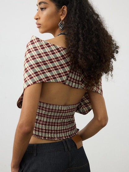 AFTADAWN Red Plaid Ruched Convertible Halter Off Shoulder Women&
