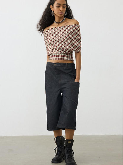 AFTADAWN Red Plaid Ruched Convertible Halter Off Shoulder Women&