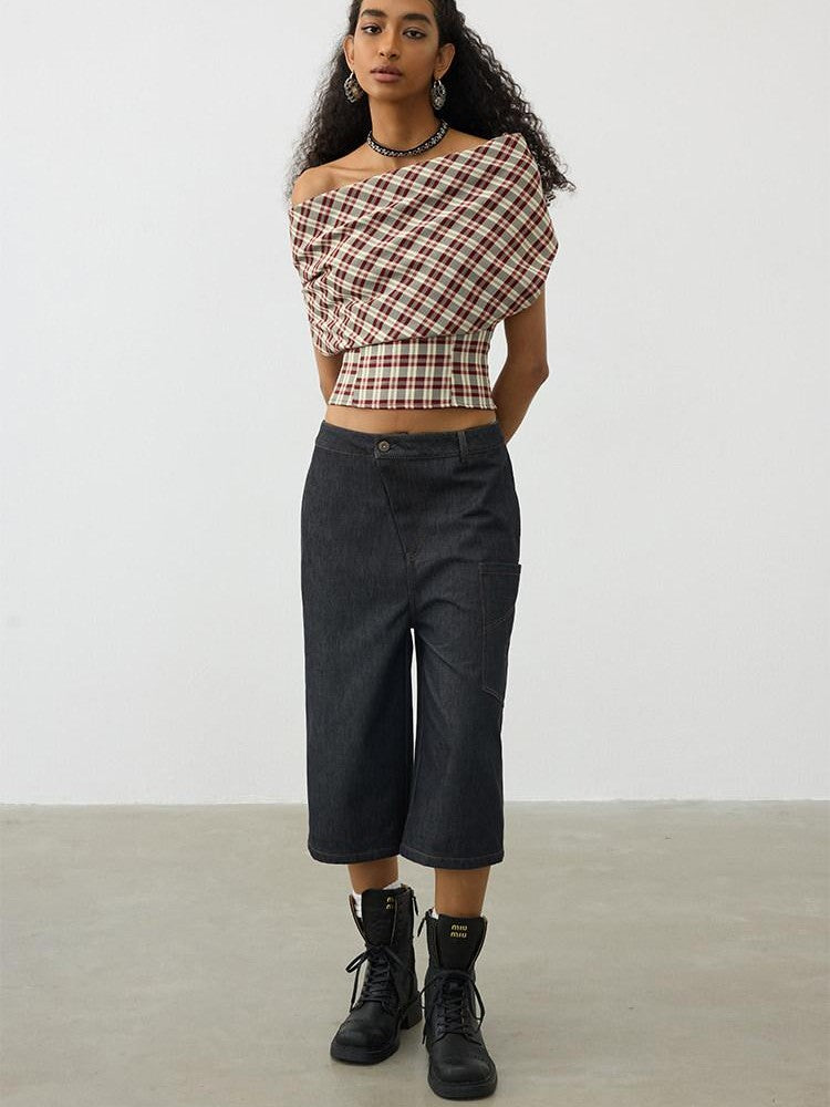 AFTADAWN Red Plaid Ruched Convertible Halter Off Shoulder Women&