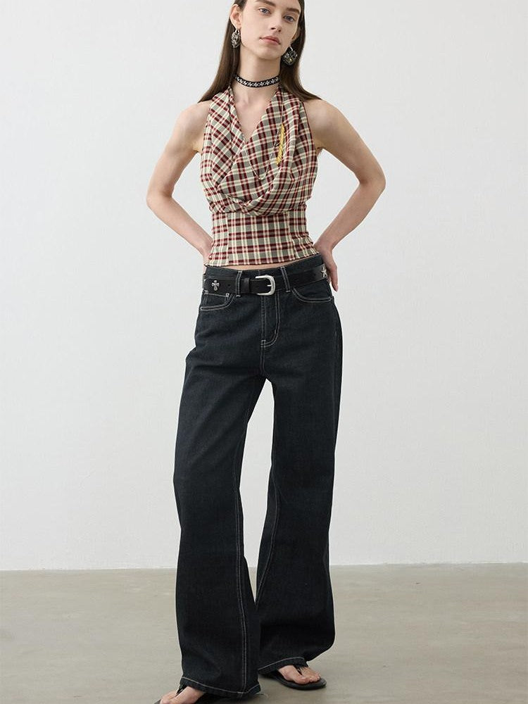 AFTADAWN Red Plaid Ruched Convertible Halter Off Shoulder Women&