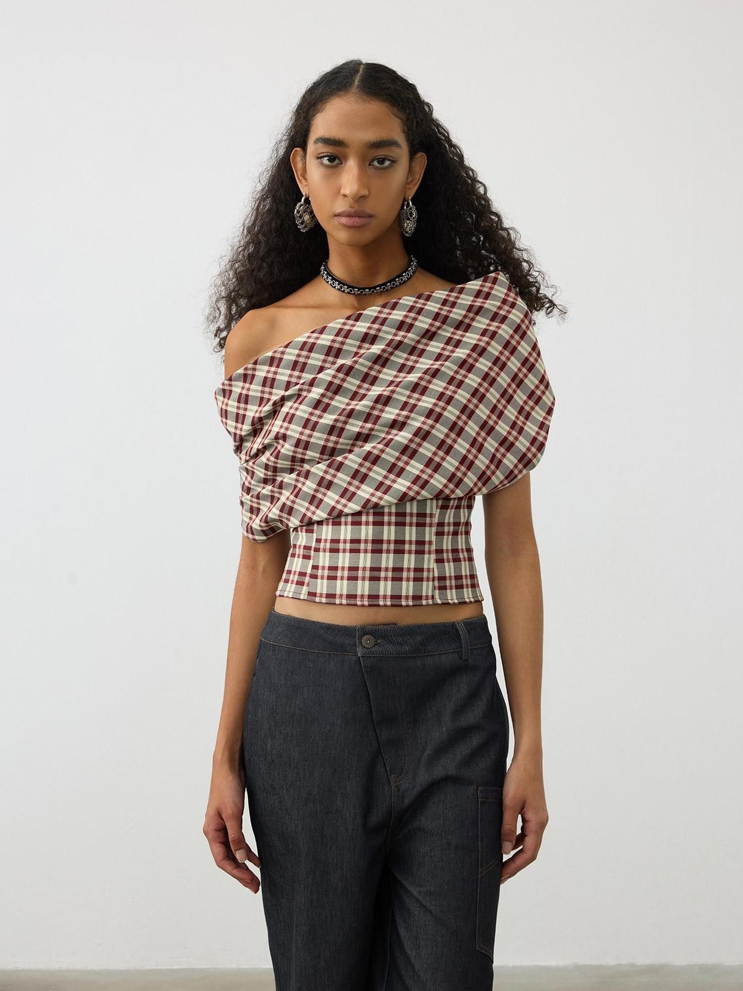 AFTADAWN Red Plaid Ruched Convertible Halter Off Shoulder Women&