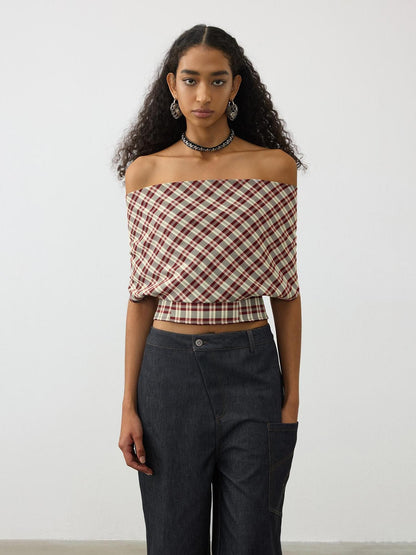 AFTADAWN Red Plaid Ruched Convertible Halter Off Shoulder Women&